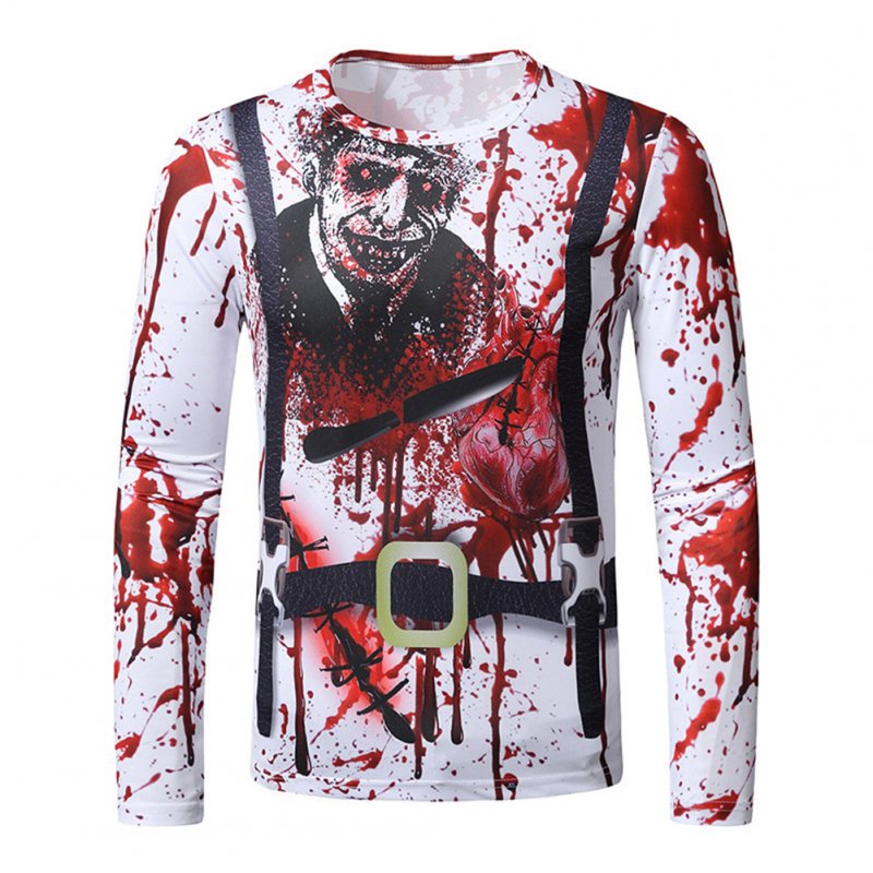 Men Long-sleeved Shirt Round Neck 3D Digital Printing Halloween Series Horror Theme Long Sleeved Shirt Red_2XL
