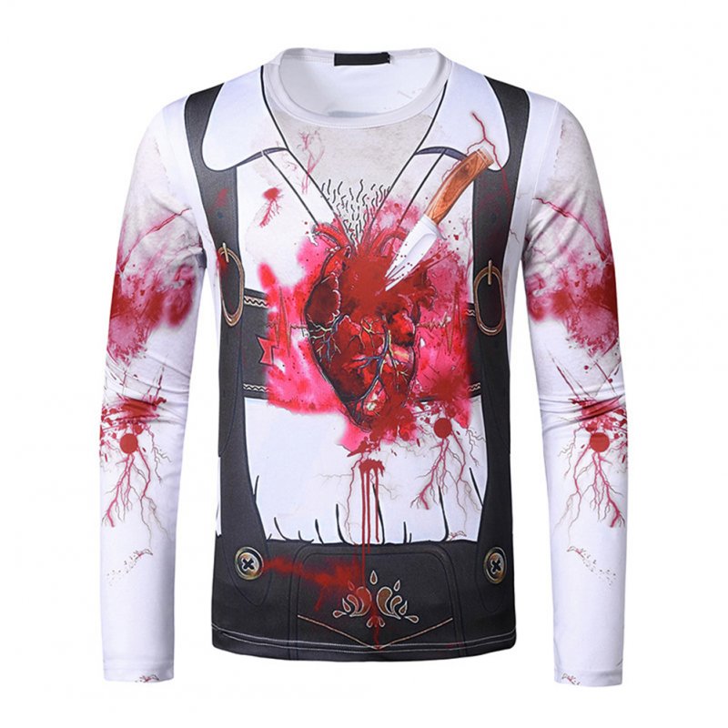Men Long-sleeved Shirt Round Neck 3D Digital Printing Halloween Series Horror Theme Long Sleeved Shirt White_XL