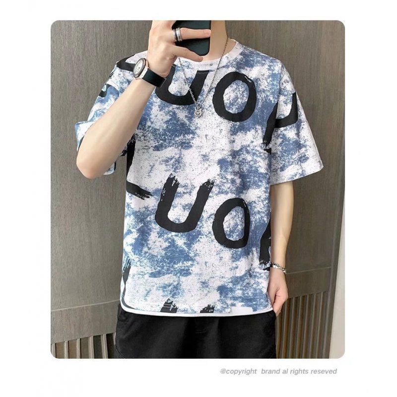 Men Loose Half Sleeves Shirt Summer Ice Silk Bottoming T-shirt Loose Round Neck Pullover Tops blue L