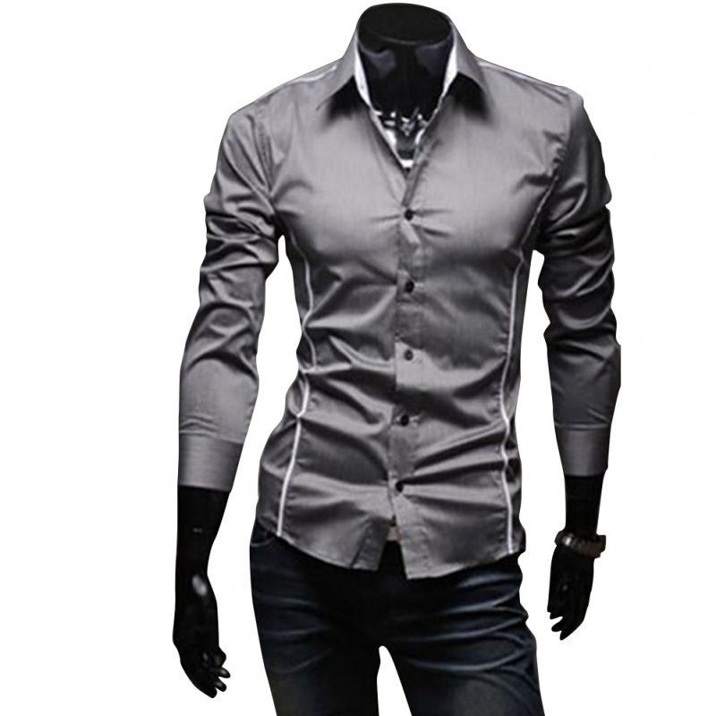 Men Luxury Casual Business Long Sleeve Slim Shirt gray_XL