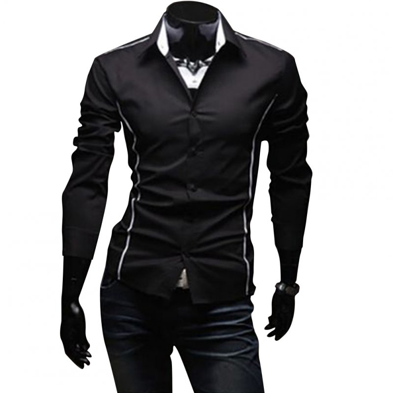 Men Luxury Casual Business Long Sleeve Slim Shirt black_2XL