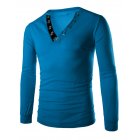 Men Metal Button V Neck Long Sleeve Slim Muscle T Shirt Blue M