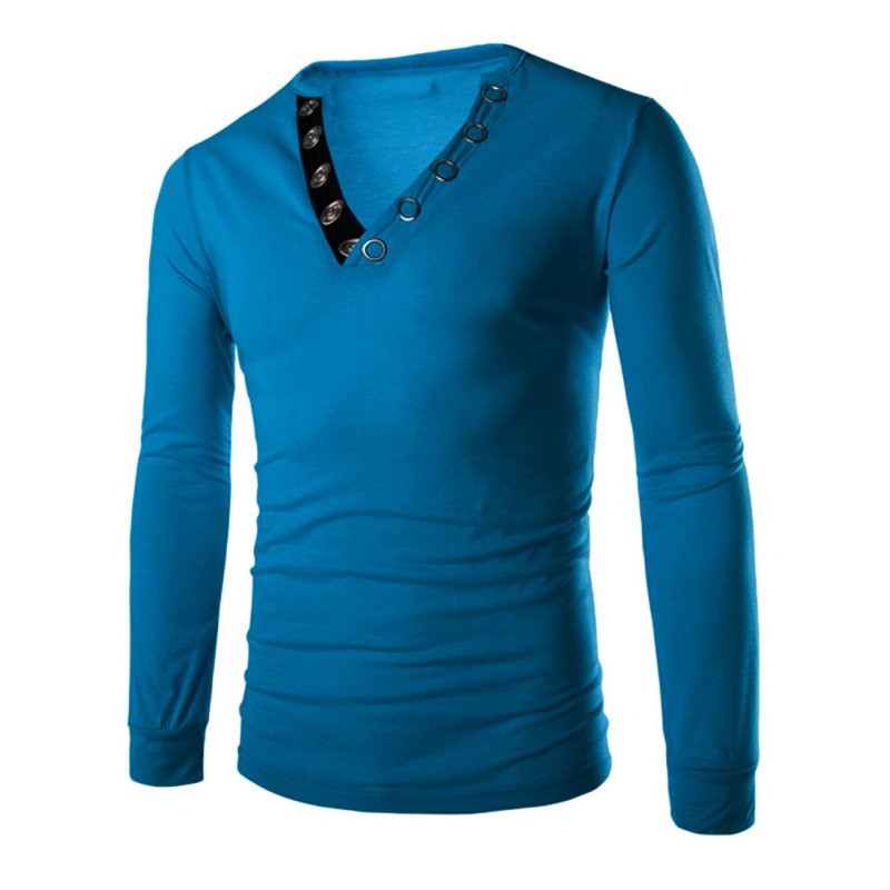 Men Metal Button V Neck Long Sleeve T Shirt