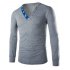 Men Metal Button V Neck Long Sleeve Slim Muscle T Shirt Grey XL