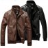 Men Motorcycle Faux Leather Coat Stand Collar Ribbed Hem Slim PU Jacket Overcoat brown M