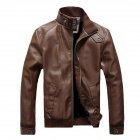 Men Motorcycle Faux Leather Coat Stand Collar Ribbed Hem Slim PU Jacket Overcoat brown L