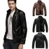Men Motorcycle Faux Leather Coat Stand Collar Ribbed Hem Slim PU Jacket Overcoat brown XXXL