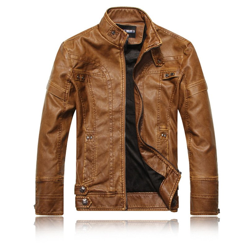 Men Motorcycle Leather Jacket Zipper Cool Fashionable Slim Fit PU Coat Top Khaki_L