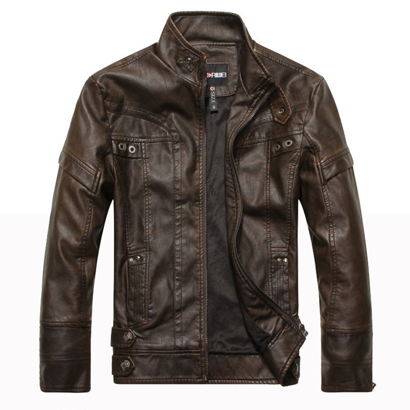Men Motorcycle Leather Jacket Zipper Cool Fashionable Slim Fit PU Coat Top Coffee_L