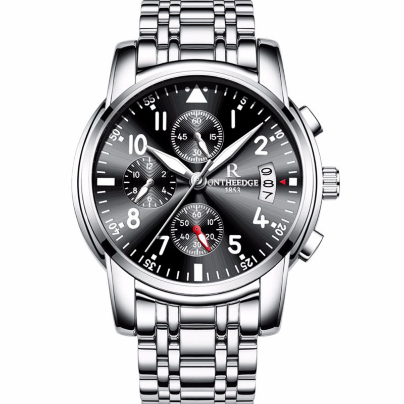 Men Multifunction Quartz Movement Steel Watch with 6 Pointers Black bottom silver edge