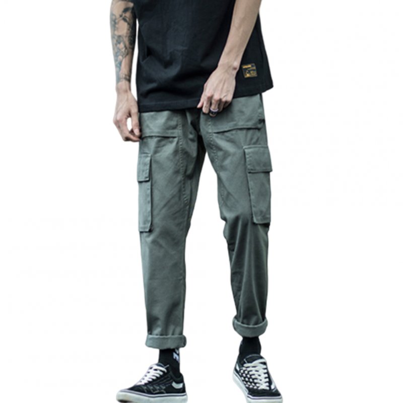 Men Multiple Pockets Cargo Pants Straight Bottom Solid Color Loose Casual Trousers  ArmyGreen_L