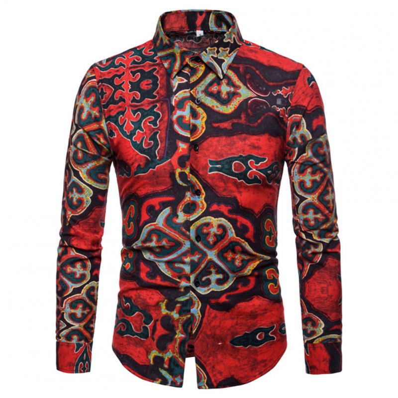 Men National Style Fashion Digital Printing Casual Long Sleeve T-shirt red_S
