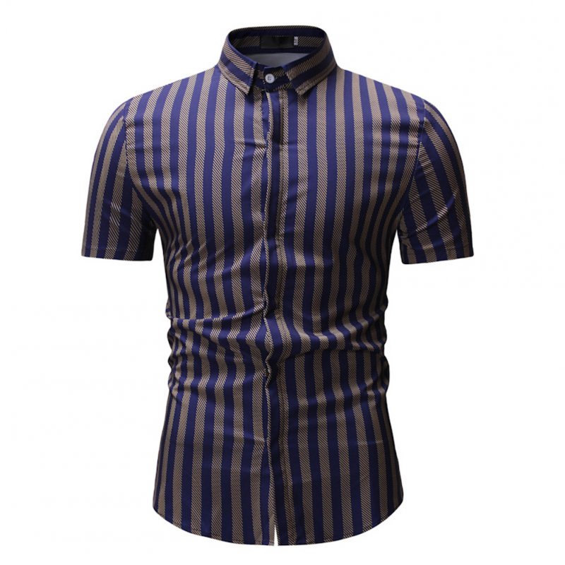 Men New Striped Casual Cotton Blend Short Sleeve Shirt Tops Yellow stripes_XL