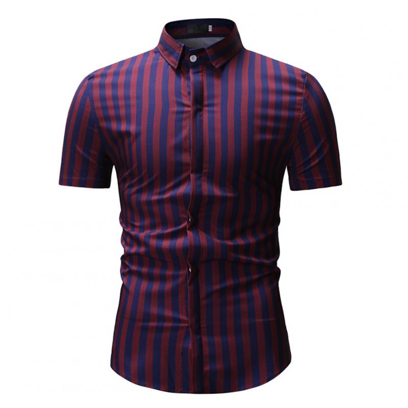 Men New Striped Casual Cotton Blend Short Sleeve Shirt Tops Red Stripe_XL