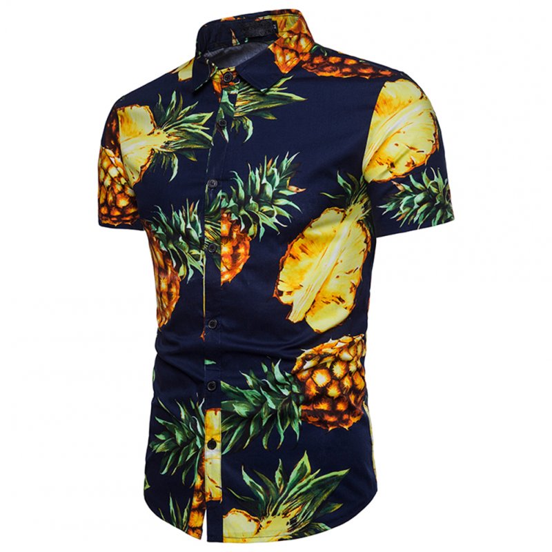 Men Pineapple Printed Casual Short Sleeve Beach Shirt Navy_2XL