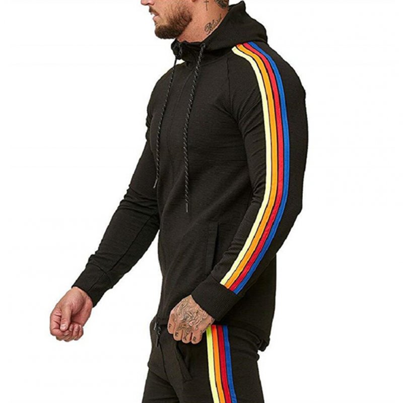 Men Pinstripe Sweatshirt Color Stripe Fashion Zipper Cardigan Hooded Sweatshirt black_M