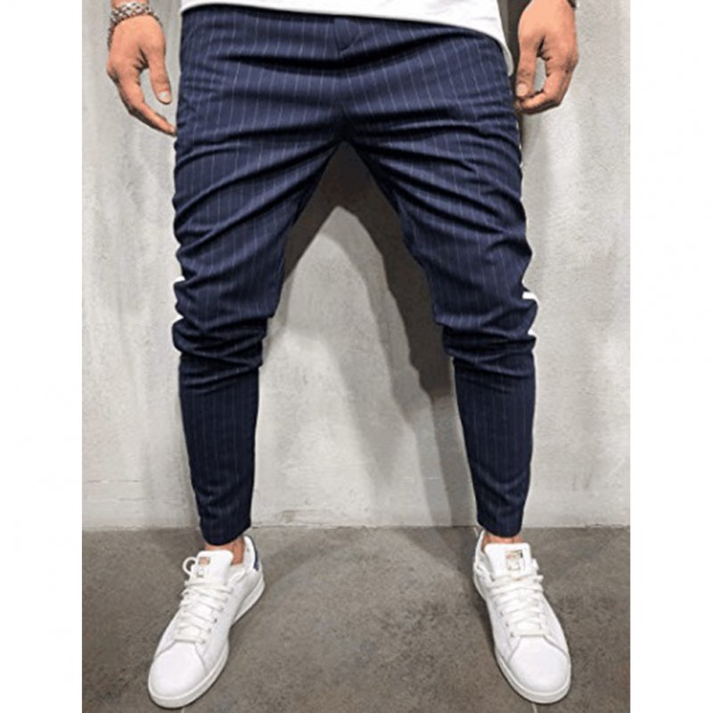 Men Plaid Casual Pants Fashion Sports Pants Navy_3XL