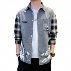 Men Plaid Printing Shirt Long Sleeve Autumn Teenagers Loose Blouse gray_XL
