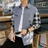 Men Plaid Printing Shirt Long Sleeve Autumn Teenagers Loose Blouse gray L