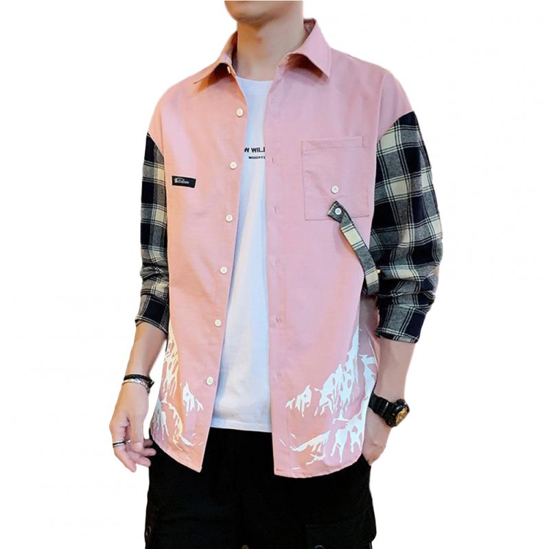 Men Plaid Printing Shirt Long Sleeve Autumn Teenagers Loose Blouse Pink_XL