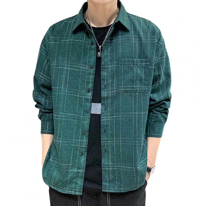 Men Plaid Printing Shirt Autumn Teenagers Loose Large Size Blouse Dark green_M