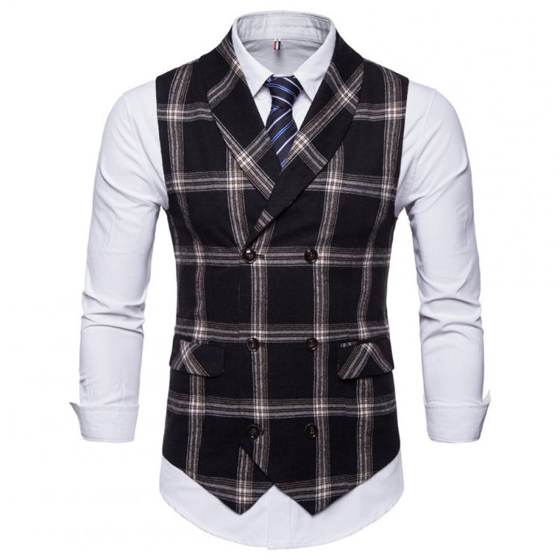 Men Plaid Suit Waistcoat Leisure Style Slim Double-breasted Waistcoat Black grid_2XL