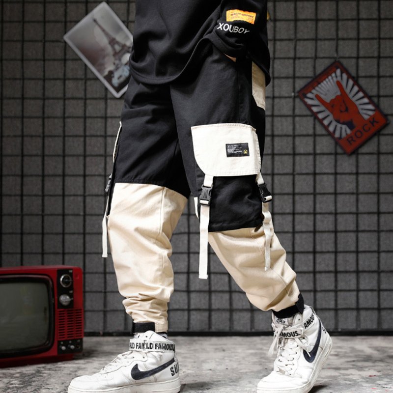 Men Pockets Retro Contrast Color Cargo Pants Patchwork Casual Jogger Fashion Trousers Tide Harajuku Streetwear Khaki_M