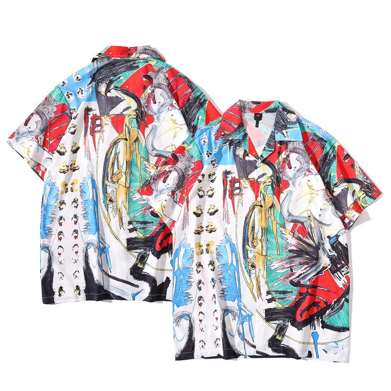 Men Retro Hawaiian Printing T-shirt Summer Short Sleeves Lapel Cardigan Tops For Seaside Beach Vacation Travel CK49 XL