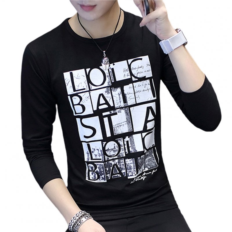 Men Round Collar Long Sleeves Casual Dating Bottom Shirt for Autumn Spring Checkered letter black_M