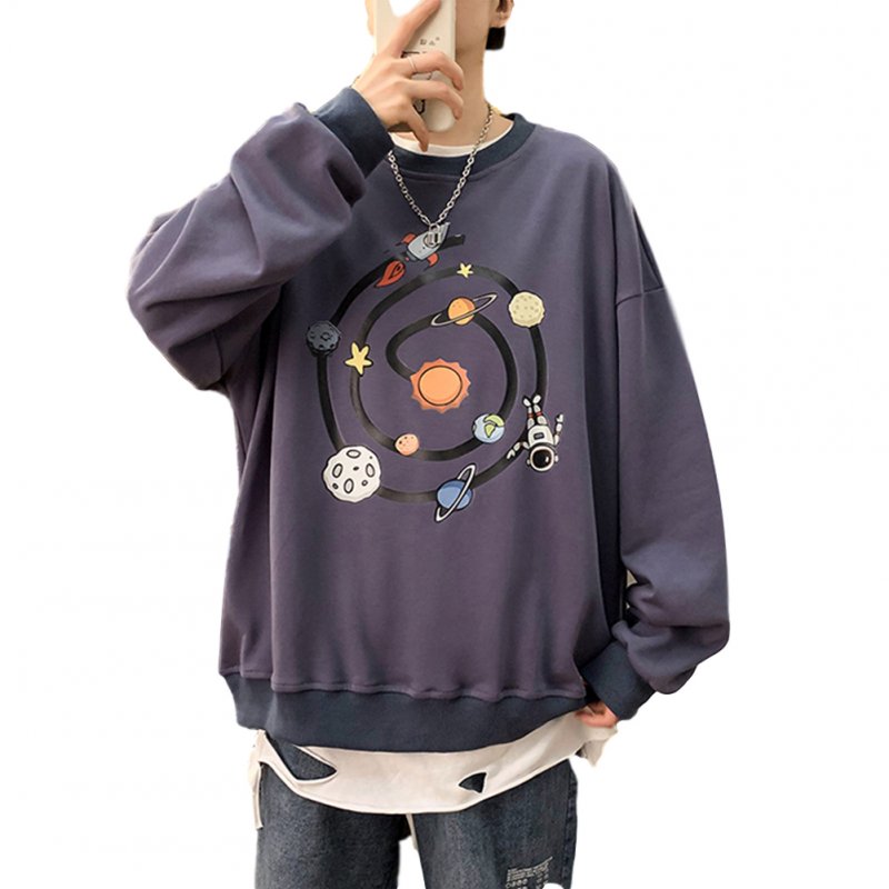 Men Round Collar Loose Handsome Leisure Tops Lovers Printed Long Sleeve Pullovers Dark blue _XL