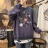 Men Round Collar Loose Handsome Leisure Tops Lovers Printed Long Sleeve Pullovers Dark blue  XL