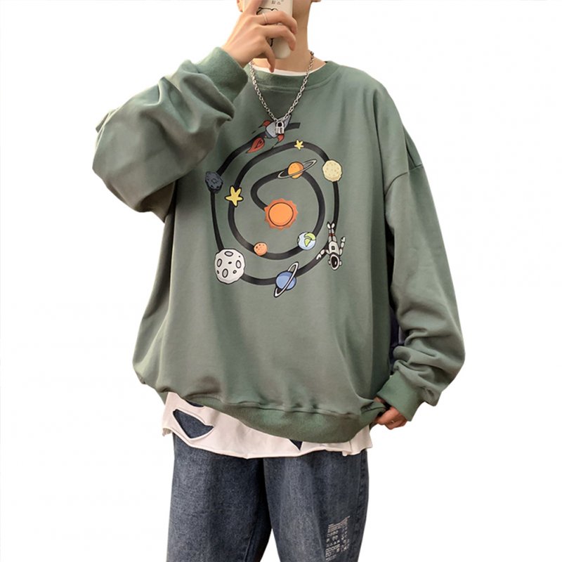 Men Round Collar Loose Handsome Leisure Tops Lovers Printed Long Sleeve Pullovers Army green _M