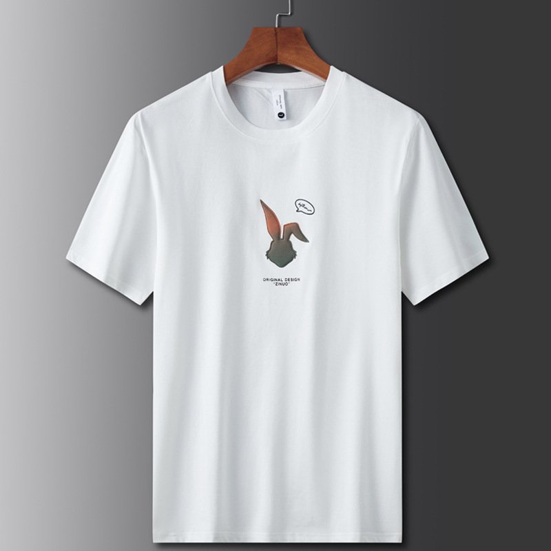 Men Round Neck Short Sleeves Tops Summer Fashion Cartoon Rabbit Printing T-shirt Casual Large Size Shirt White 2XL
