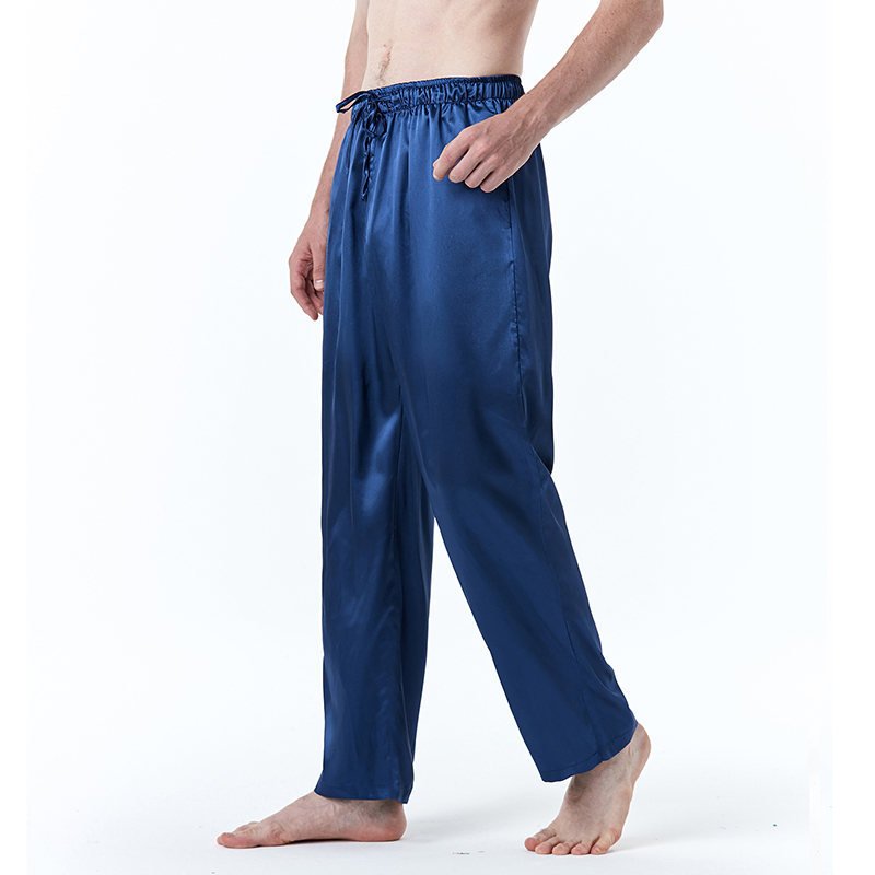 Men Satin Pants Casual Mid-waist Simple Solid Color Loose Large Size Trousers Homewear navy blue M
