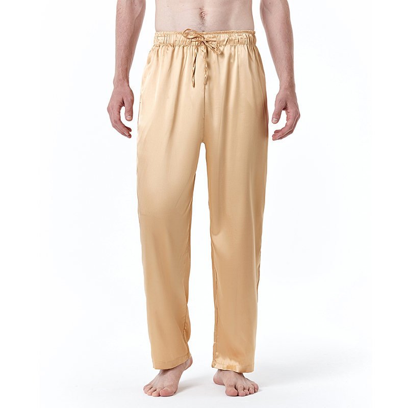 Men Satin Pants Casual Mid-waist Simple Solid Color Loose Large Size Trousers Homewear yellow 2XL