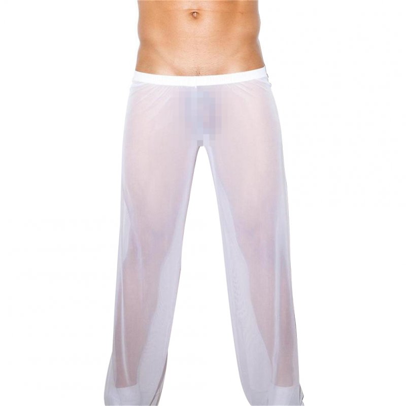 Men Sexy See-through Net Yarn Low Waist Trousers Breathable Comfortable Long Pants white_M