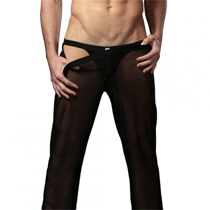 Men Sexy See-through Net Yarn Low Waist Trousers Breathable Comfortable Long Pants black_L