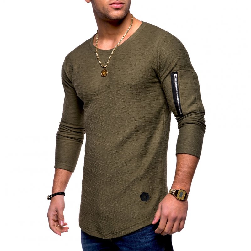 Men Shirt Casual Long Sleeve Zipper Pocket Pullover Slim Fit Top Army Green_L