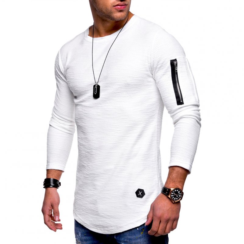 Men Shirt Casual Long Sleeve Zipper Pocket Pullover Slim Fit Top white_L