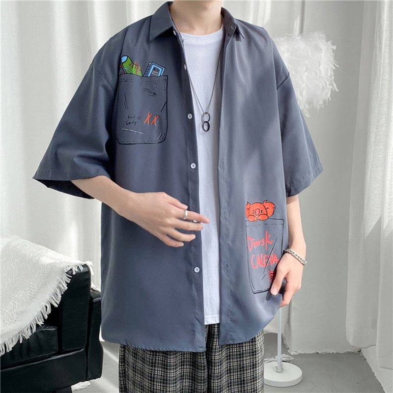 Men Shirt Cute Cartoon Pattern Printing Lapel Short Sleeve Casual Couples Cardigan Tops Loose Summer Student T-shirt  M 1246 Gray