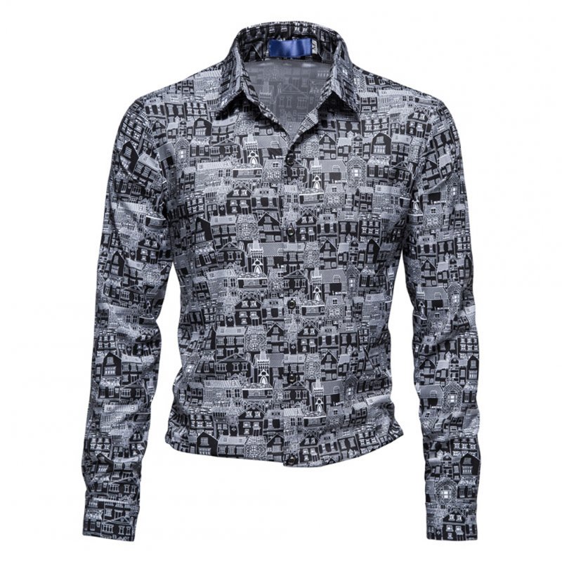 Men  Shirt Lapel Long-sleeved Characteristic Building Printing Fashion Casual Cardigan Shirt Black_XL