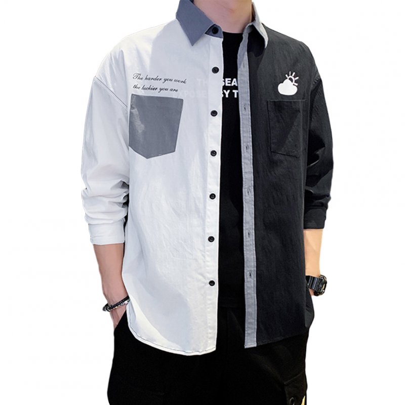 Men Shirt Long Sleeve Autumn Teenagers Loose Color Matching Blouse White black_2XL