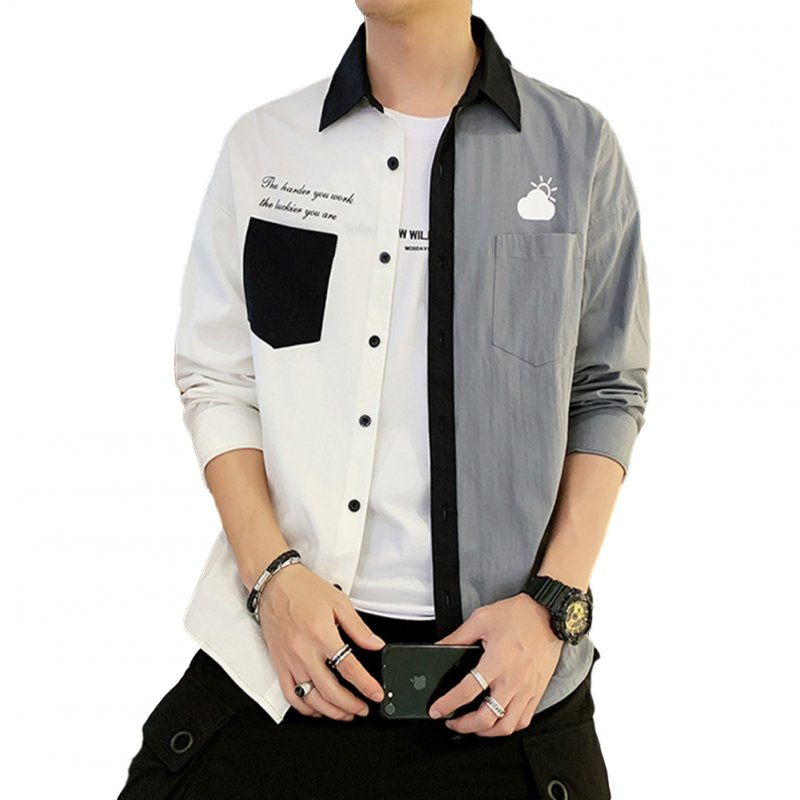 Men Shirt Long Sleeve Autumn Teenagers Loose Color Matching Blouse White gray_M