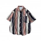 Men  Shirt Retro Hong Kong style Vertical Striped Color Matching Loose Lapel Cardigan  Shirt Khaki XL