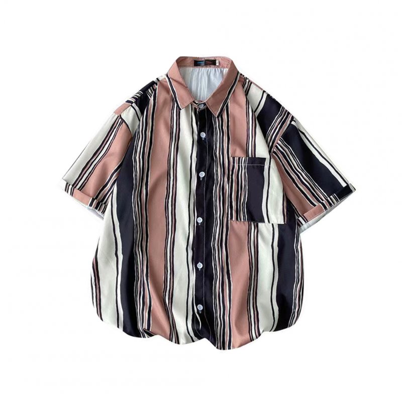 Men  Shirt Retro Hong Kong-style Vertical Striped Color Matching Loose Lapel Cardigan  Shirt Khaki_XL