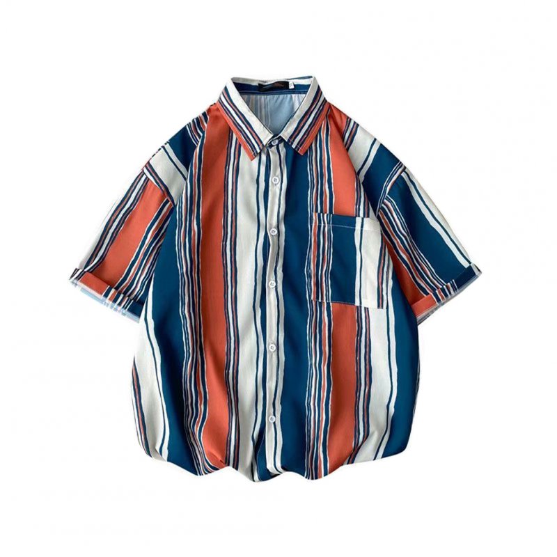 Men  Shirt Retro Hong Kong-style Vertical Striped Color Matching Loose Lapel Cardigan  Shirt Brown_XL