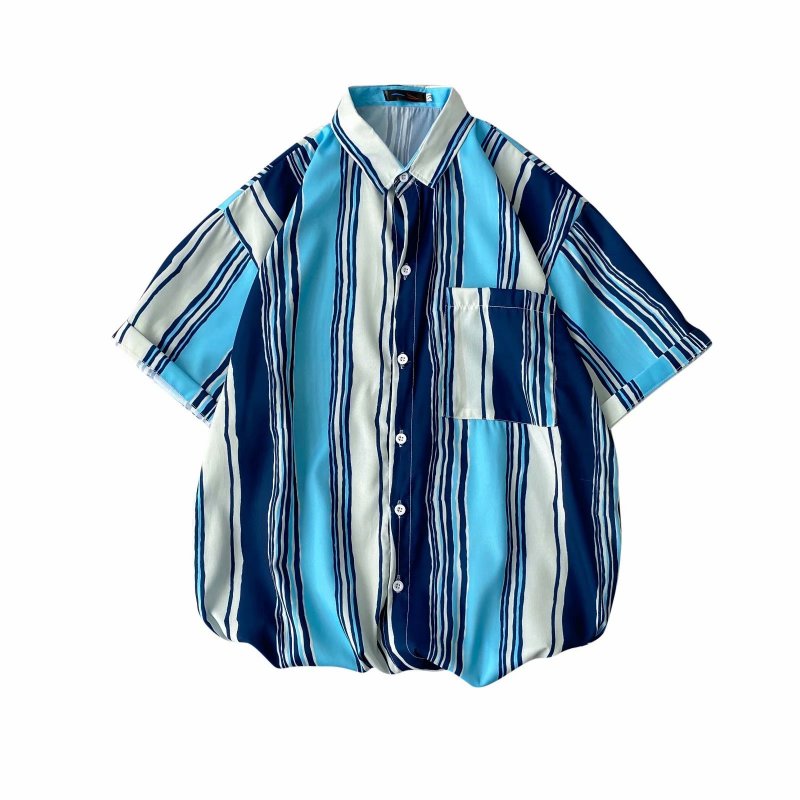 Men  Shirt Retro Hong Kong-style Vertical Striped Color Matching Loose Lapel Cardigan  Shirt Blue_XL