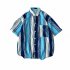 Men  Shirt Retro Hong Kong style Vertical Striped Color Matching Loose Lapel Cardigan  Shirt Blue XL