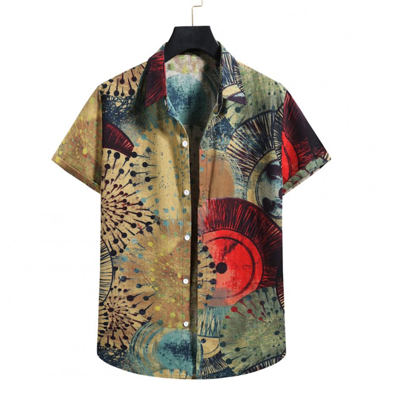 Men  Shirt Summer Linen Lapel Short-sleeved Abstract Printed Shirt Casual Beach Shirt XL