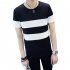 Men Short Sleeve T shirt Round Collar Stripes Pattern Casual Tops black M   55 kg 